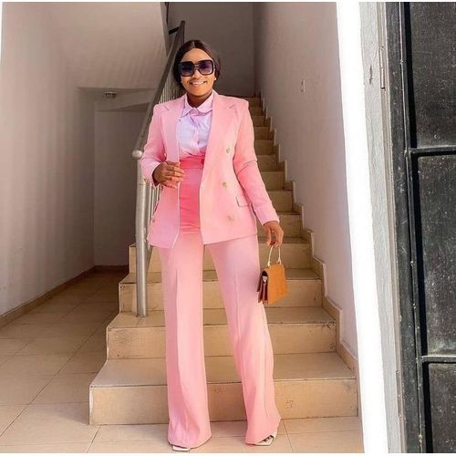 Women Blazer Sets Buttons White Wide Leg Pant Suits Fashion Pink