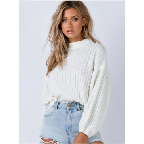 Women Knit Crew Neck Drop Shoulder Long Lantern Sleeve Sweater Top -White