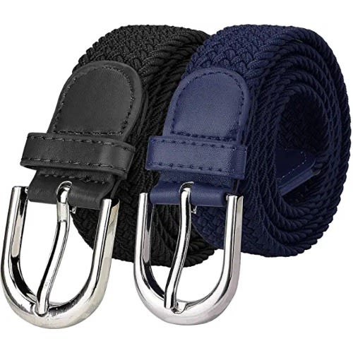 Set Of 2 Elastic Braided Belts  - Black And Blue