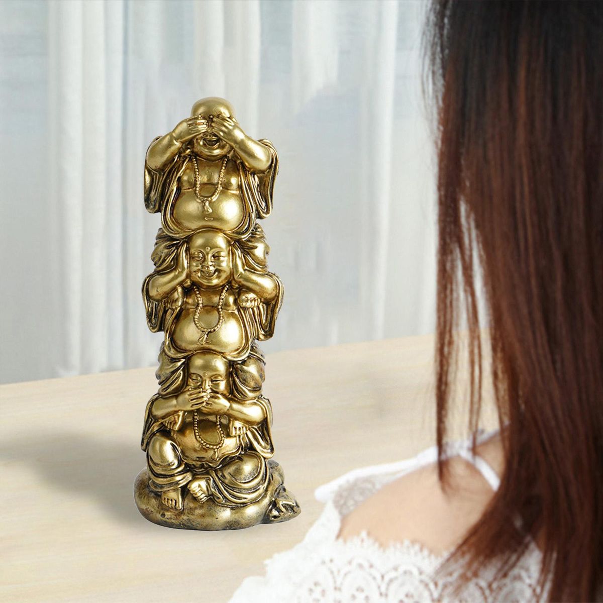 Golden Vertical Stack Resin Laughing Buddha Figurine For