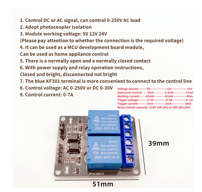 Low Level Trigger Relay Module,5V,2 Channels Optocoupler