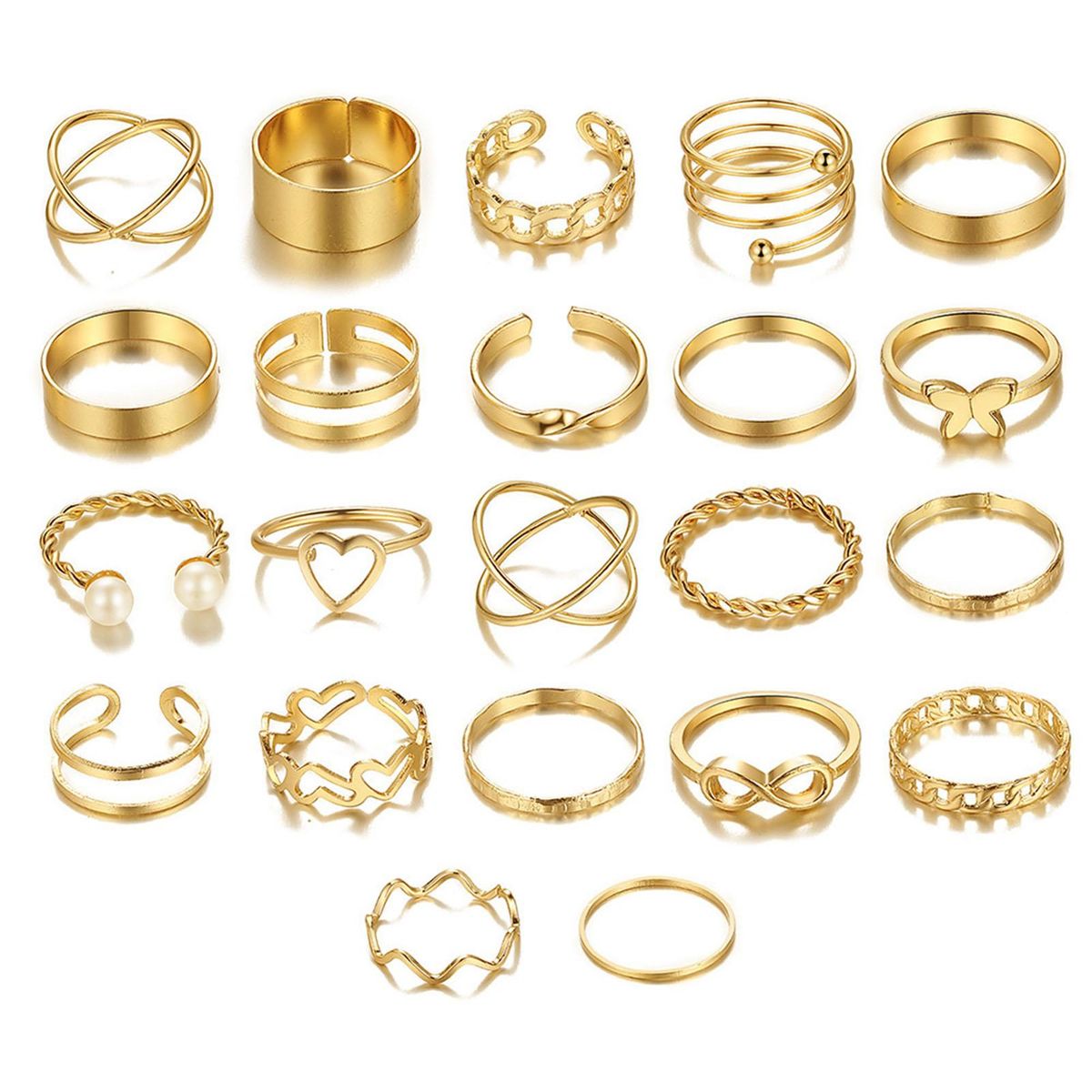 22PcsSet Finger Rings Hollowed-out Heart Decor Ladies Rings Golden