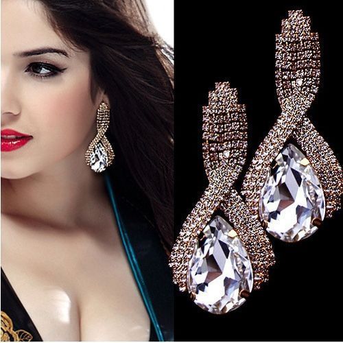 Diamond Drop Shaped Crystal Earrings.-Gold