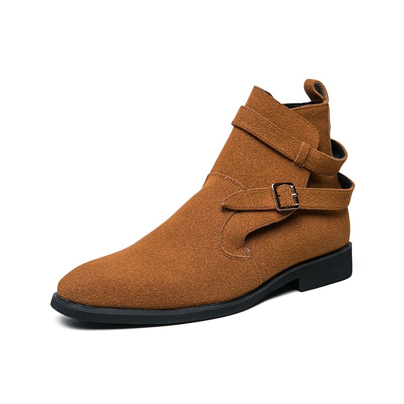 Men Leather Business Boots Pointed Toe Suede High-top Shoes Ankle Martin Chelsea