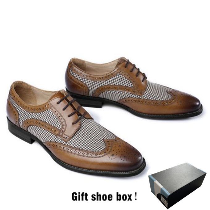 Handcrafted Denim Patchwork Bullock Dress Shoes - Brown
