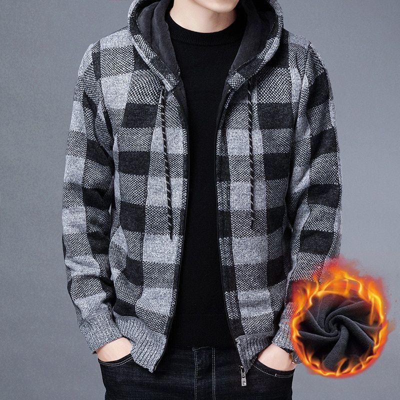 New Men's Sweater Coat 2021 Autumn Winter Thick Warm Hooded Plaid Wool Sweater