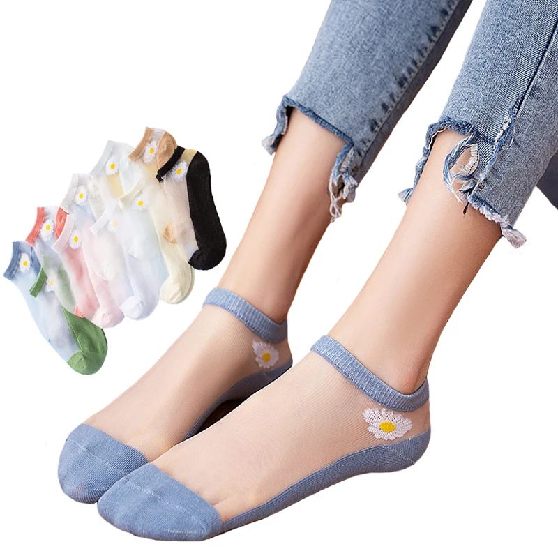 5 Pairs Women Socks Summer Ultrathin Transparent Small Daisies Ankle Socks