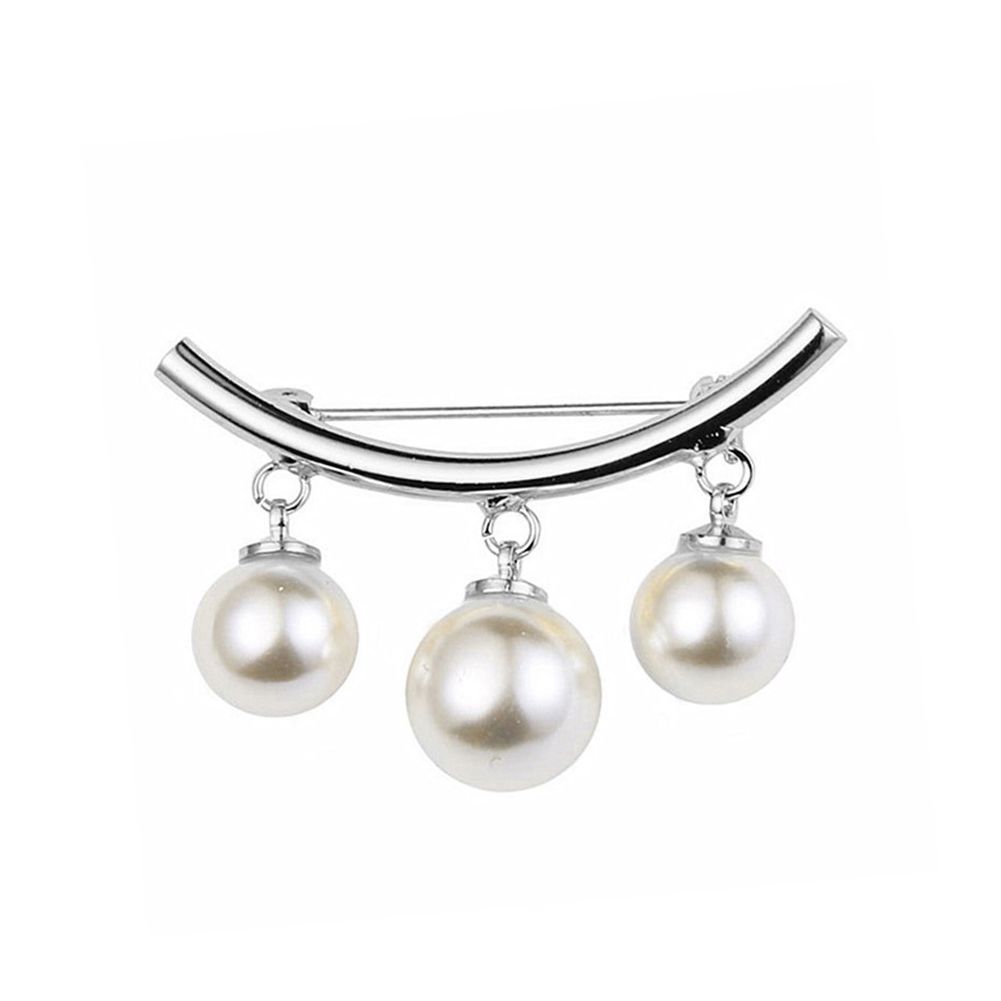 Women Faux Pearl Dangle Brooch Pin Cardigan-Silver