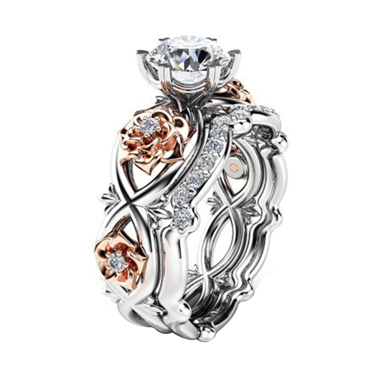 2Pcs Proposal Rings Cubic Zirconia Inlaid Wedding Engagement Rings Jewelry Gift Rose Gold