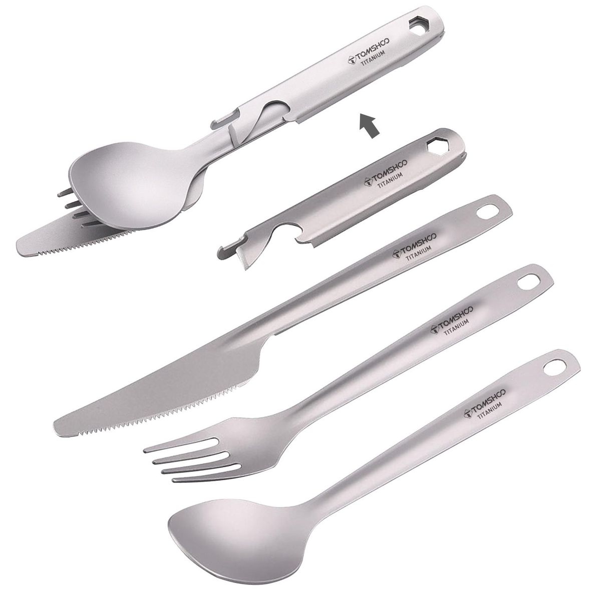 TOMSHOO 4-in-1 Titanium Flatware Cutlery Set Lightweight Dinner Spoon Fork Cutter with Multifunctional Storage Holder Bottle Opener for Camping Hiking Backpacking Picnic