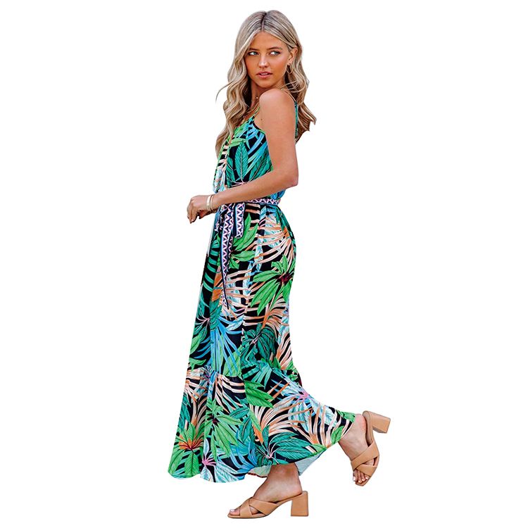 Floral Printed Swing Halter Dress Women Green