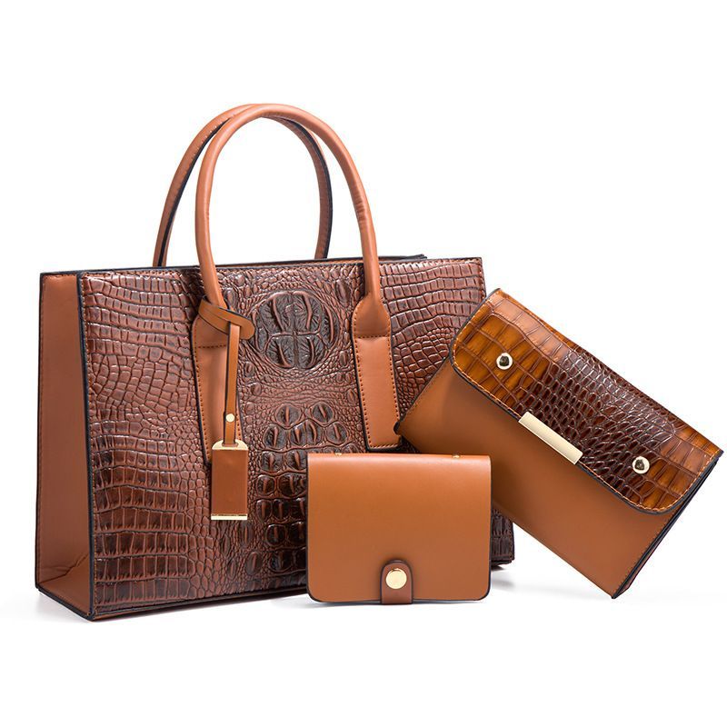 3Set Ladies Trendy Fashion Shoulder Leather Handbag - Brown