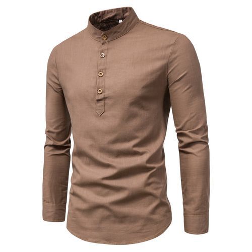 Men's Breathable Cotton Long Sleeve Henleys Plain Stand Collar Slim Shirt -Brown
