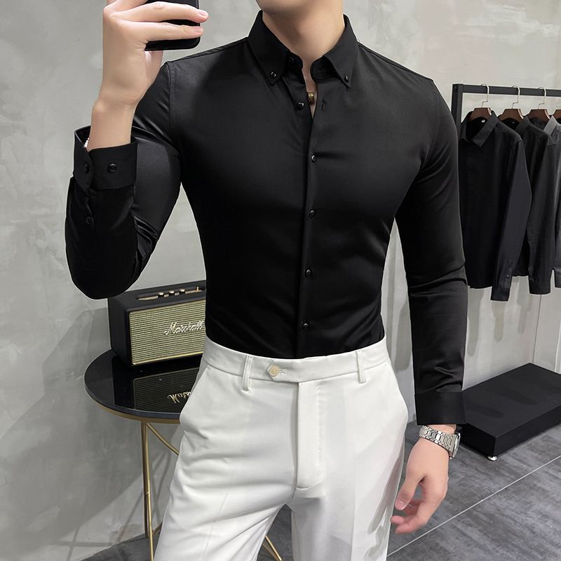 （Black）Vintage Luxury Solid Formal Slim Fit Shirts Autumn Men Long Sleeve