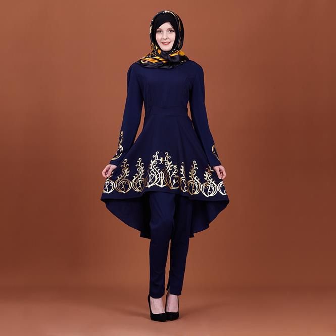 Muslim Women's Tops Print Blouse Shirt Dress Asymmetry Longer Abaya-NAVY BLUE