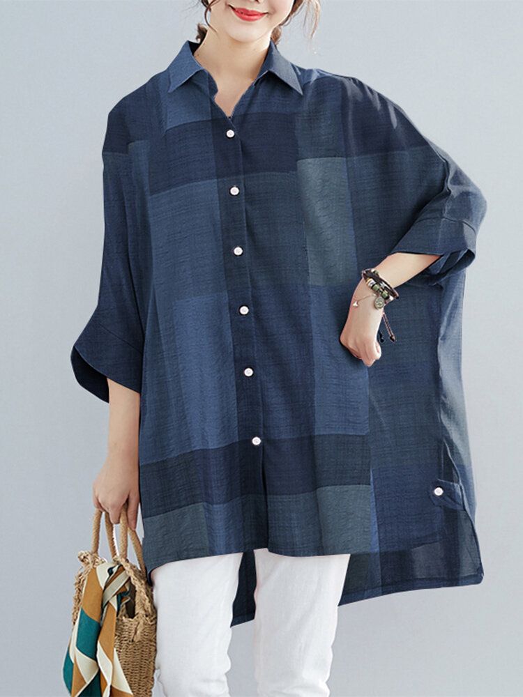 Women Plaid High Low Hem Wide Sleeves Button Down Front Shirt-Navy