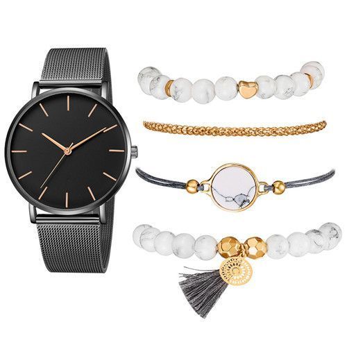 New Simple Trend Alloy Steel Band Watch Strap Ladies Bracelet Watch 5 Piece Set