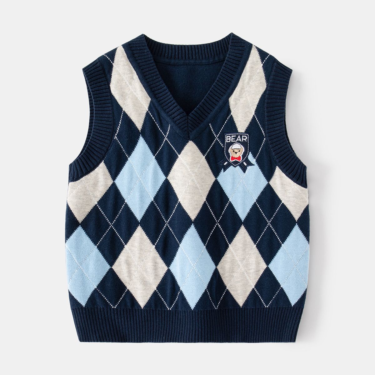 Spring Autumn Cotton Kids Plaid Pullover Sleeveless Sweaters Boys Vest-Navy