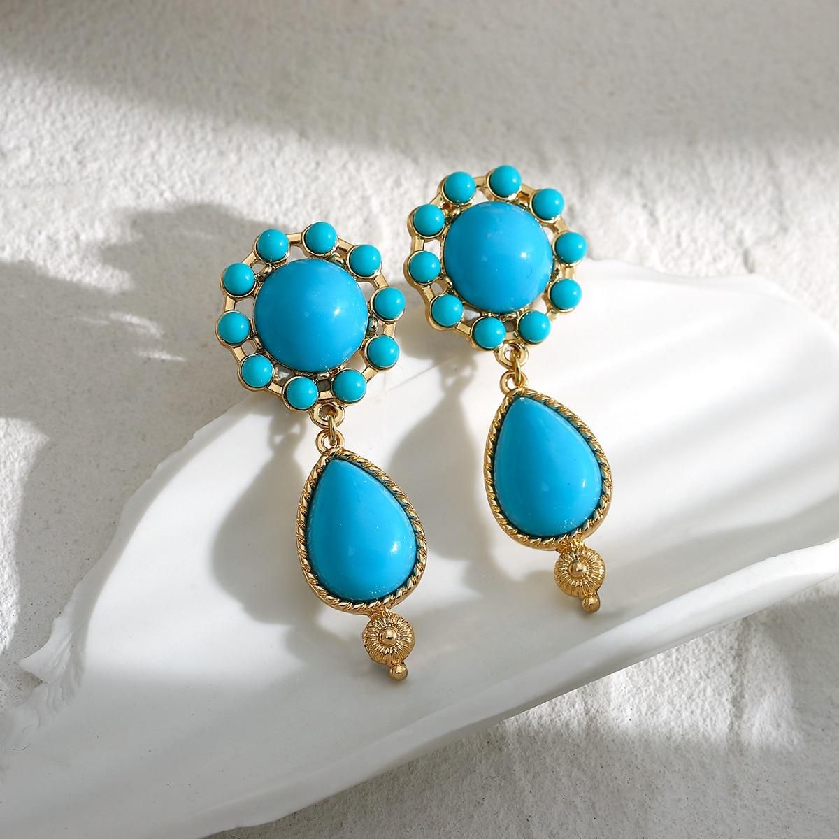 AENSOA Ethnic Blue Stone Beaded Drop Earrings for Women Bohemian Boho Earring Vintage Resin Stone Dangle Earring Western Jewelry