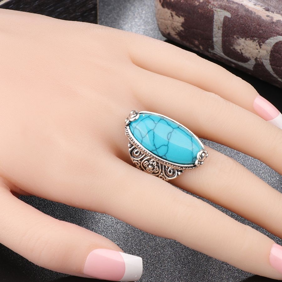 Vintage Oval Turquoise Flower Ring Women Antique Silver Jewelry, Ring Size:10(Blue)