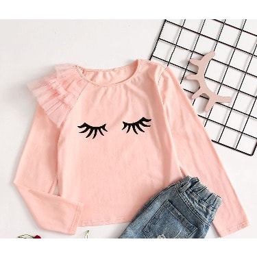 Girls Eyelash Layered Mesh Ruffle Top- Baby Pink Peach