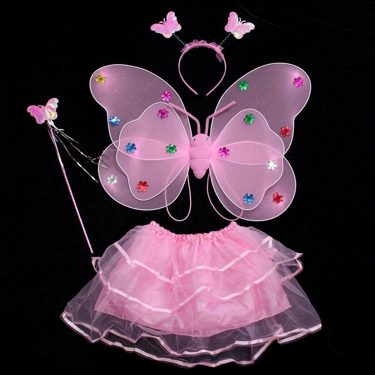 4Pcs/Set Fairy Princess Butterfly Party Costume Wings Wand Headband Skirt Dress Pink Pink