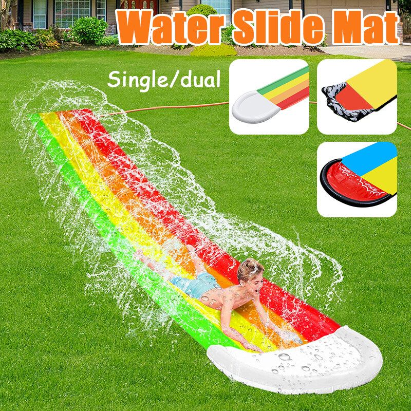 (W/ Pipe Connector) Inflatable Surf Water Slide Mat Portable Children Outdoor Water Sports Toy Water Skater Summer Pool Game Water Spray Toy For Kids Yard Lawn Park Garden Dual Slides