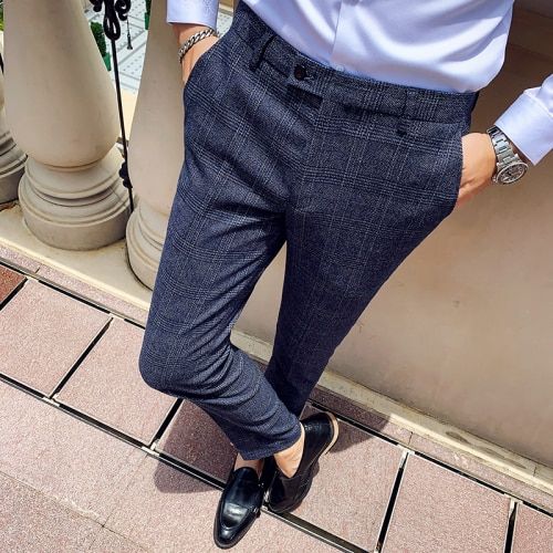 Blue Men's Slim Business Pants British Style Slim Fit Classic Formal Dress