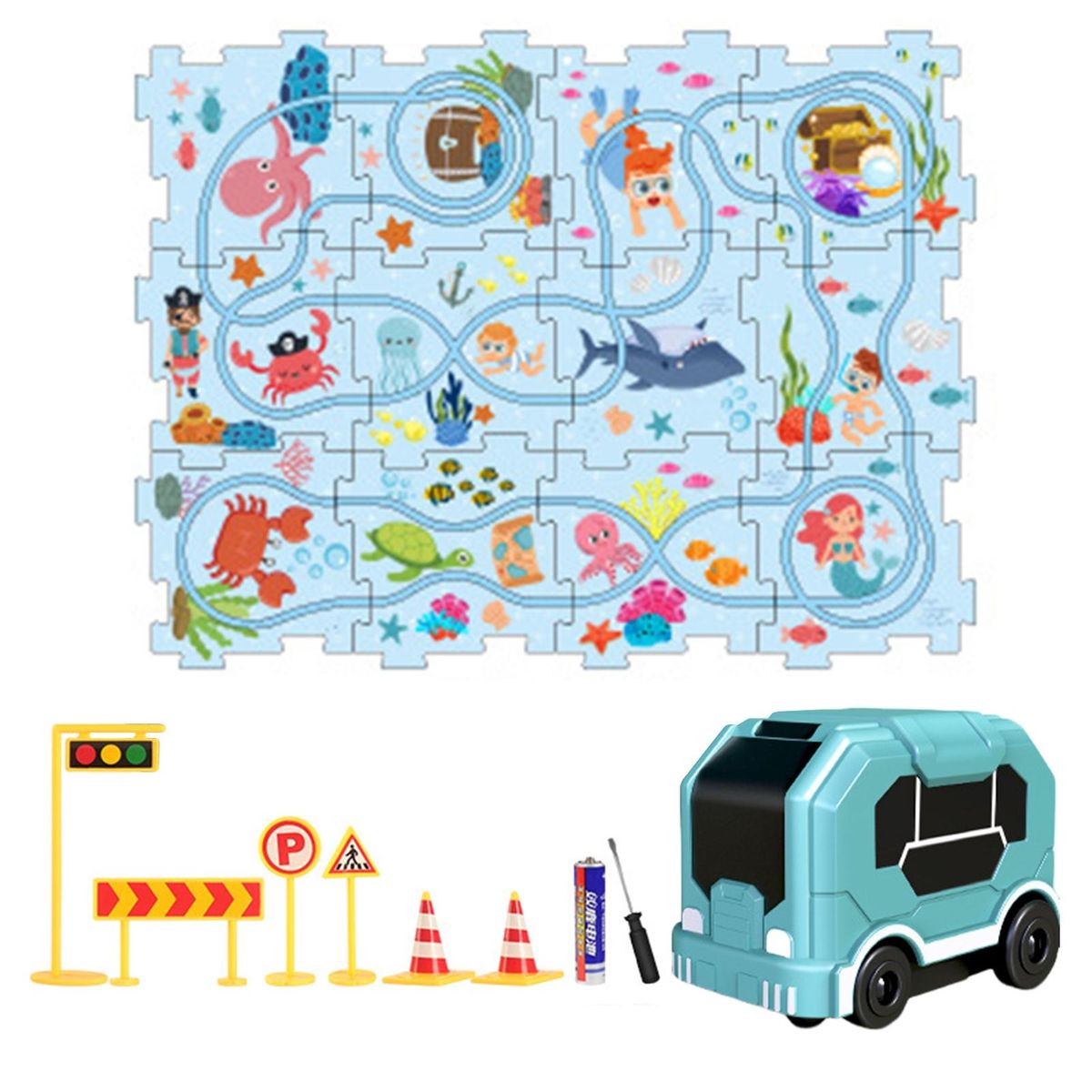 Track Building Toy City Map Puzzle Rail Car Set Exciting for Kids Light Blue