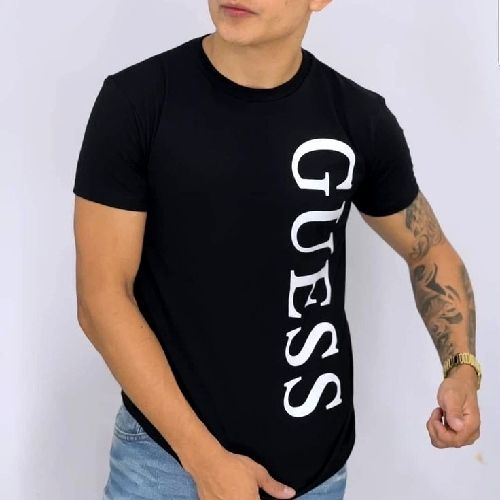 QUALITY SINGLE T-shirt Black Round Neck With Guess Design
