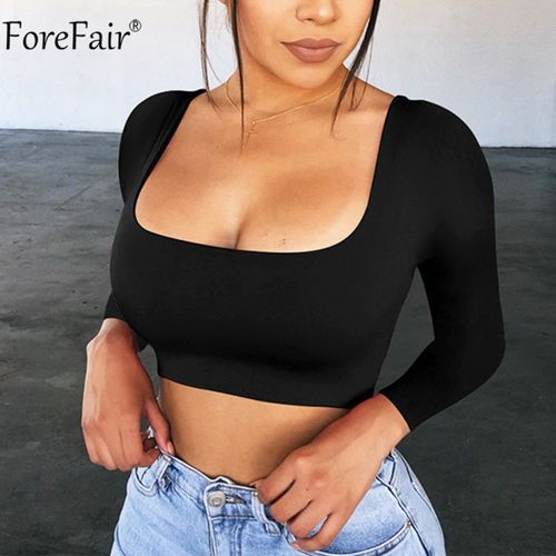 Forefair Square Neck Long Sleeve Crop Top Women Autumn  Black