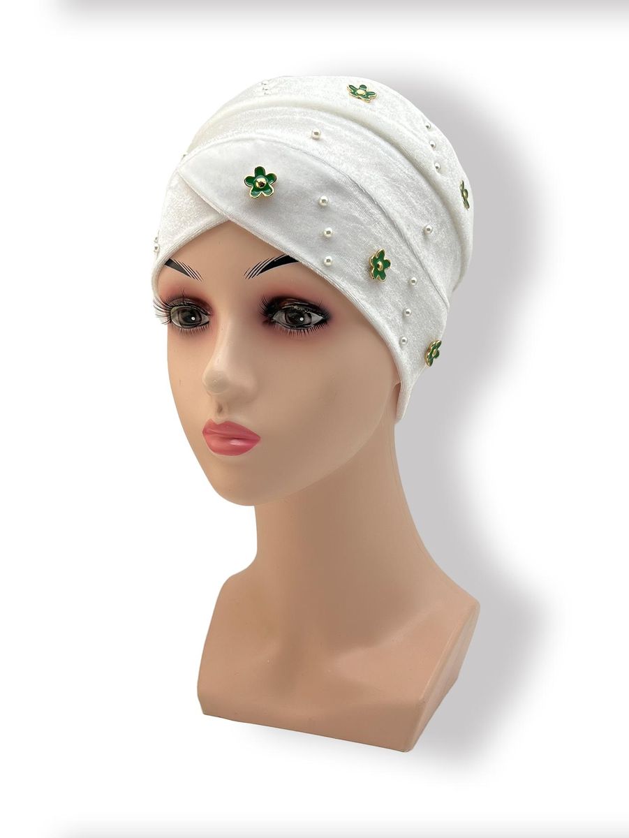 Women'S Hijab  Muslim Hair Accessories Korean Version Velvet Green Small Flower Diamond And Faux Pearl Hijab Hat Headdres
