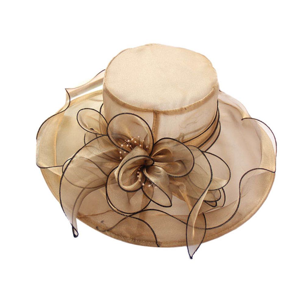 Floral Organza Wide Brim Church Kentucky Derby Fascinator Lady Tea Party Sun Hat-Coffee