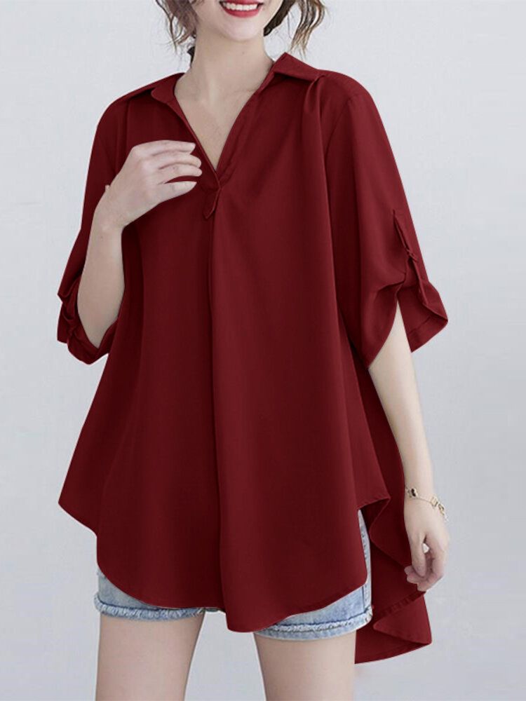 Women Solid Simple Adjustable Sleeve Length High Low V-Neck Lapel Collar Shirt-Black