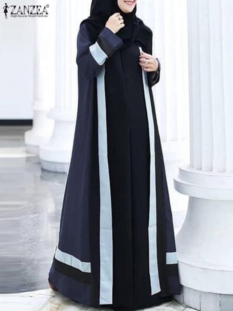 ZANZEA V-Neck Long Sleeve Solid Color Abaya Kaftan Blouse Spring Women-Navy