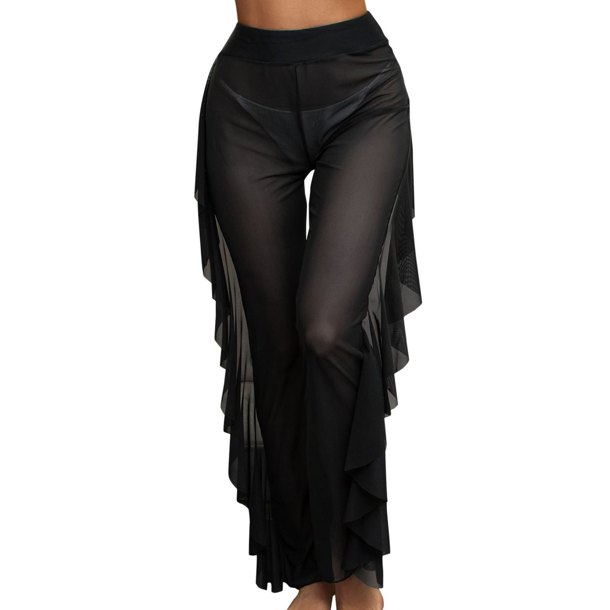(Black)Women Mesh Ruffle Trim Cover Up Pants Beach Cover Up Beach Wrap Bikini Shiny Wraps Cover Ups For Swimwear Ruffle Pants 2022 SMA