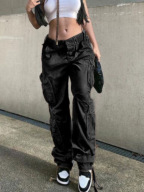 (Black)Army Green Cargo Pants Baggy Jeans Women Fashion Streetwear Pockets Straight High Waist Casual Vintage Denim Trousers Overalls DOU