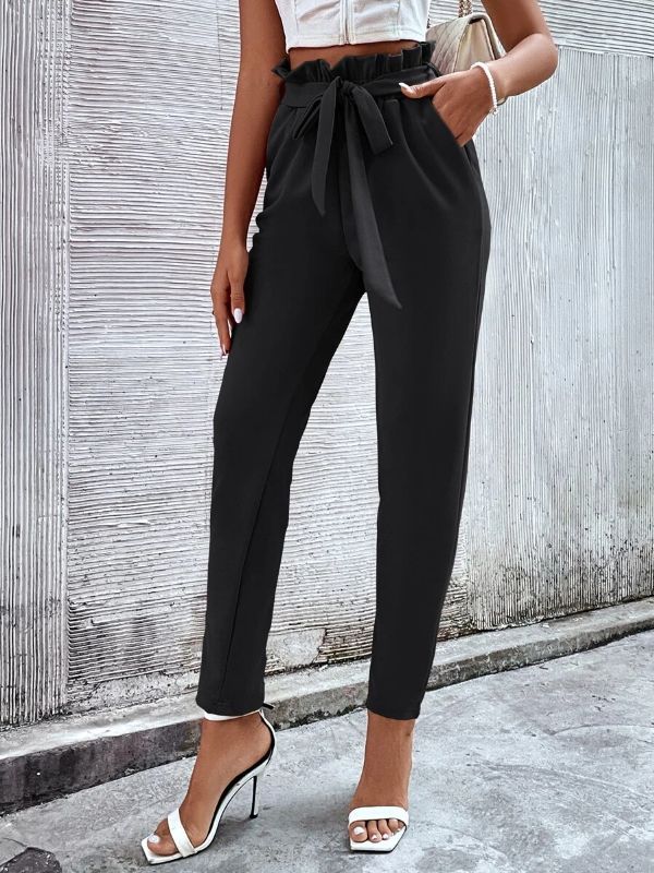 Women Corporate Office Wear Straight High Waist Belted Pant Trousers - Black