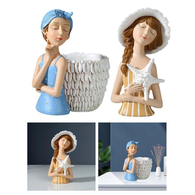 2pcs Resin Girl Figurines For Cabinets Bookshelf Desktop Dresser