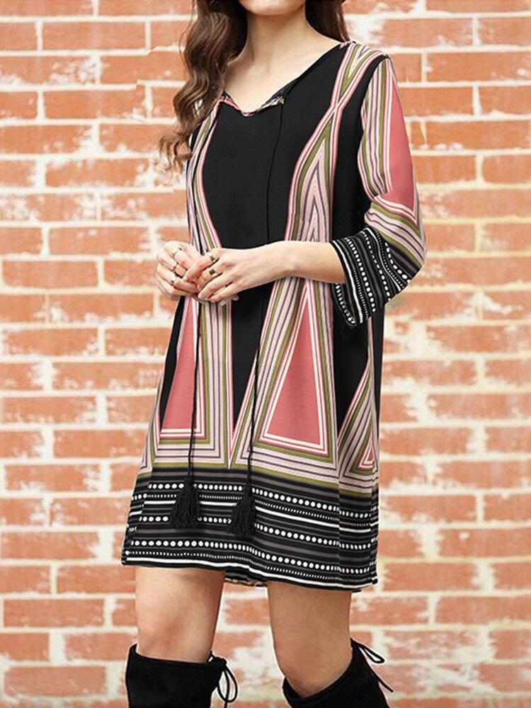 Women V-Neck Knee Length Color Printed Leisure Geometric Bohemian Retro Dress