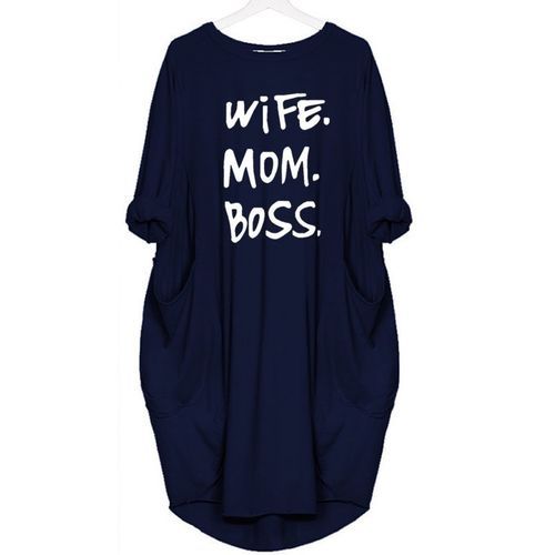 T-Shirt For Women Pocket WIFE MOM BOSS Letters Print Top Tshirt Women Punk Cotton Off Shoulder Tops Mother's Day(#Blue) GAO