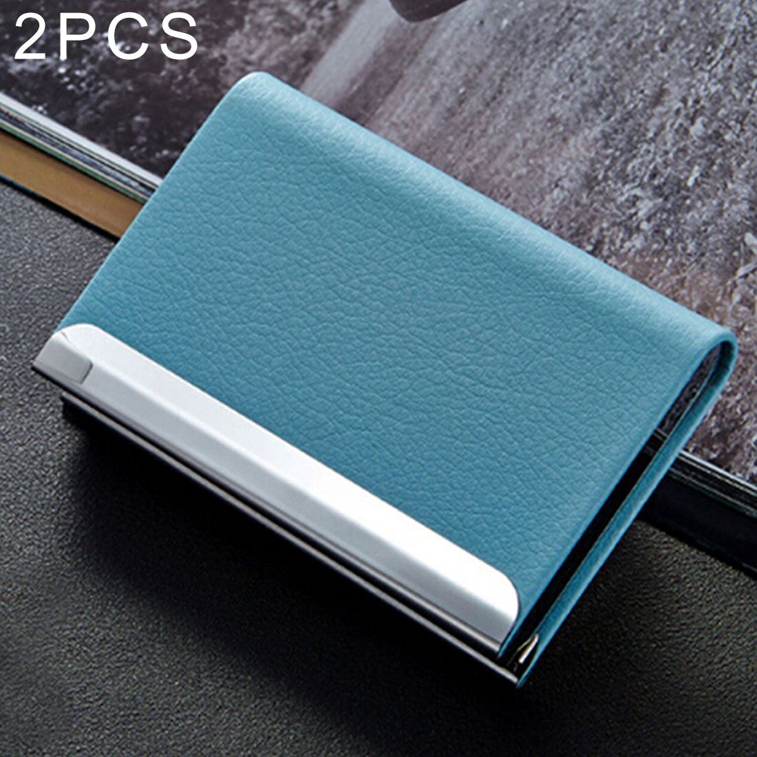 2 PCS Lichi Texture Business Card Holder Credit Card ID Case Holder(Blue)