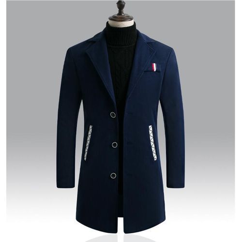 Navy Blue Autumn Winter New Men Woolen Coat Wool Mid-length Trench Single-breasted Jacket Male