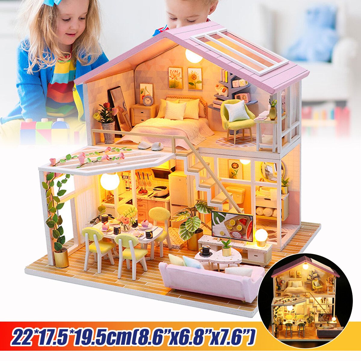Dollhouse Miniature With Furniture, DIY Dollhouse Kit Plus Dust Proof And Music Movement, 1:24 Scale Creative Room Idea (Pink House)