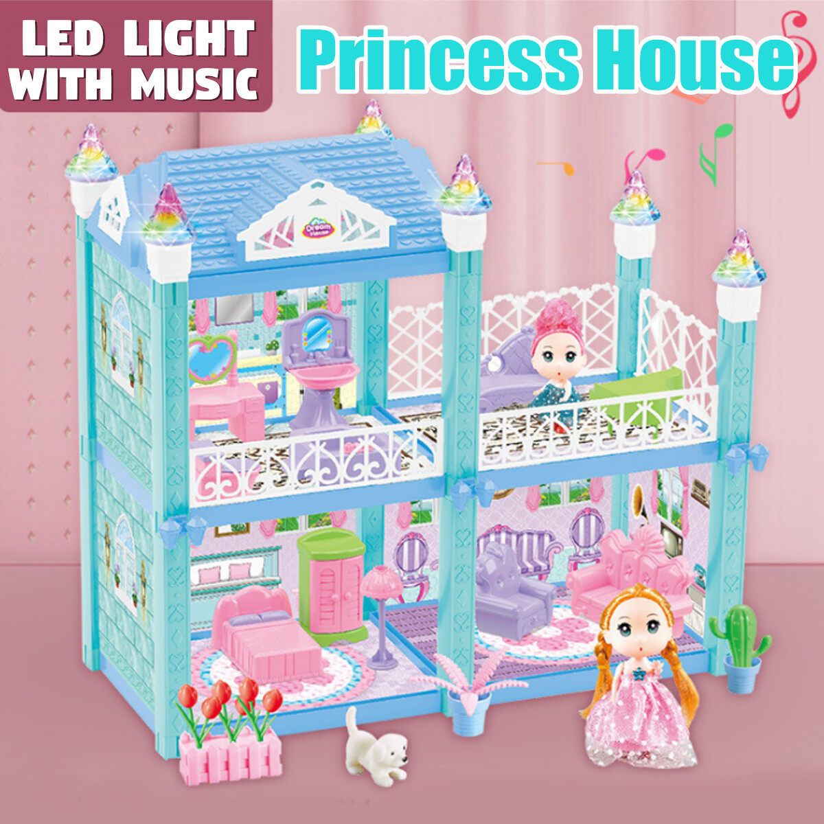93Pcs DIY LED Light Music Princess House Miniature Dollhouse Furniture Kit Kids Toys Gift