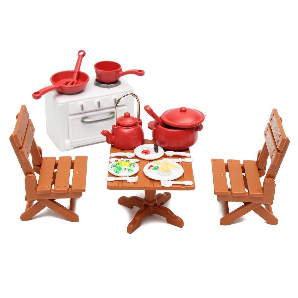 Dining Table With 4 Chairs Set Miniature DollHouse Furniture Kids Kitchen Toy
