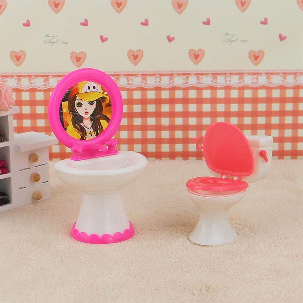 Bathroom Furniture Plastic Toilet Sink Mirror Set For Barbie Doll Dollhouse