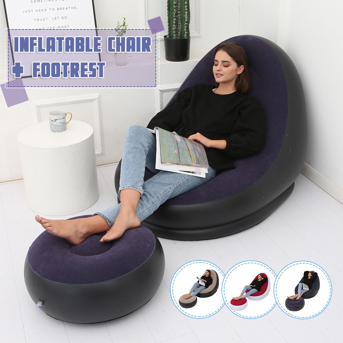 Large Inflatable Lounge Chair Ottoman Set Portable Sofa Footrest Travel Blue