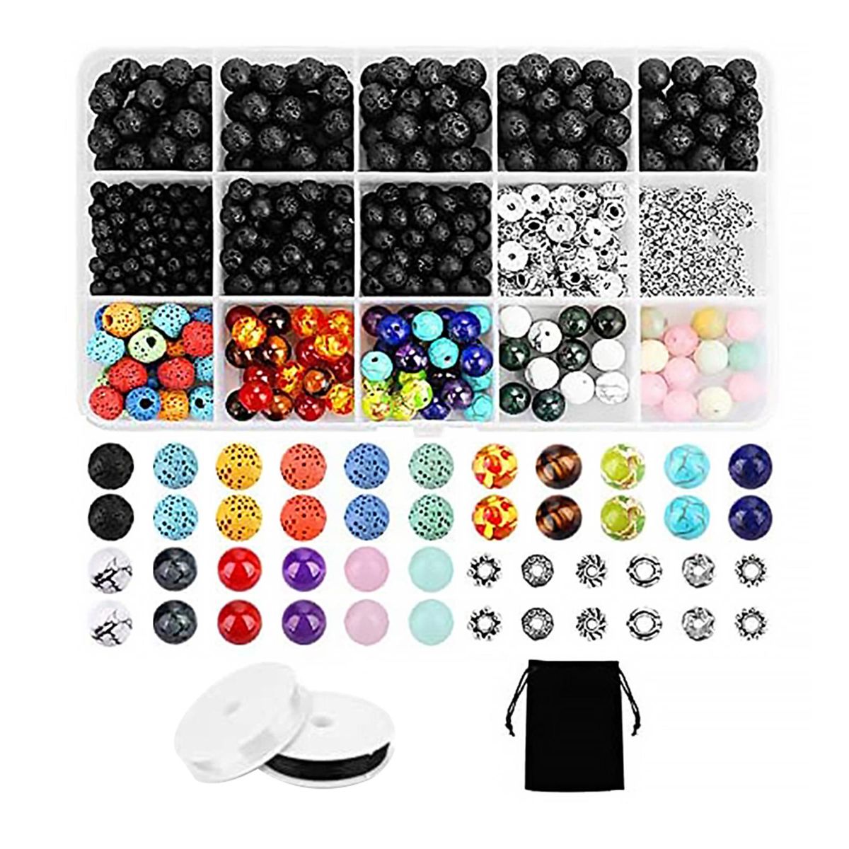 Rock Stone Jewelry Making Kit With 15 Grid Natural Volcanic Stone Beads Elastic String Storage Bag DIY Bracelet Necklace Earring Jewelry Making Supplies Handcraft Tool