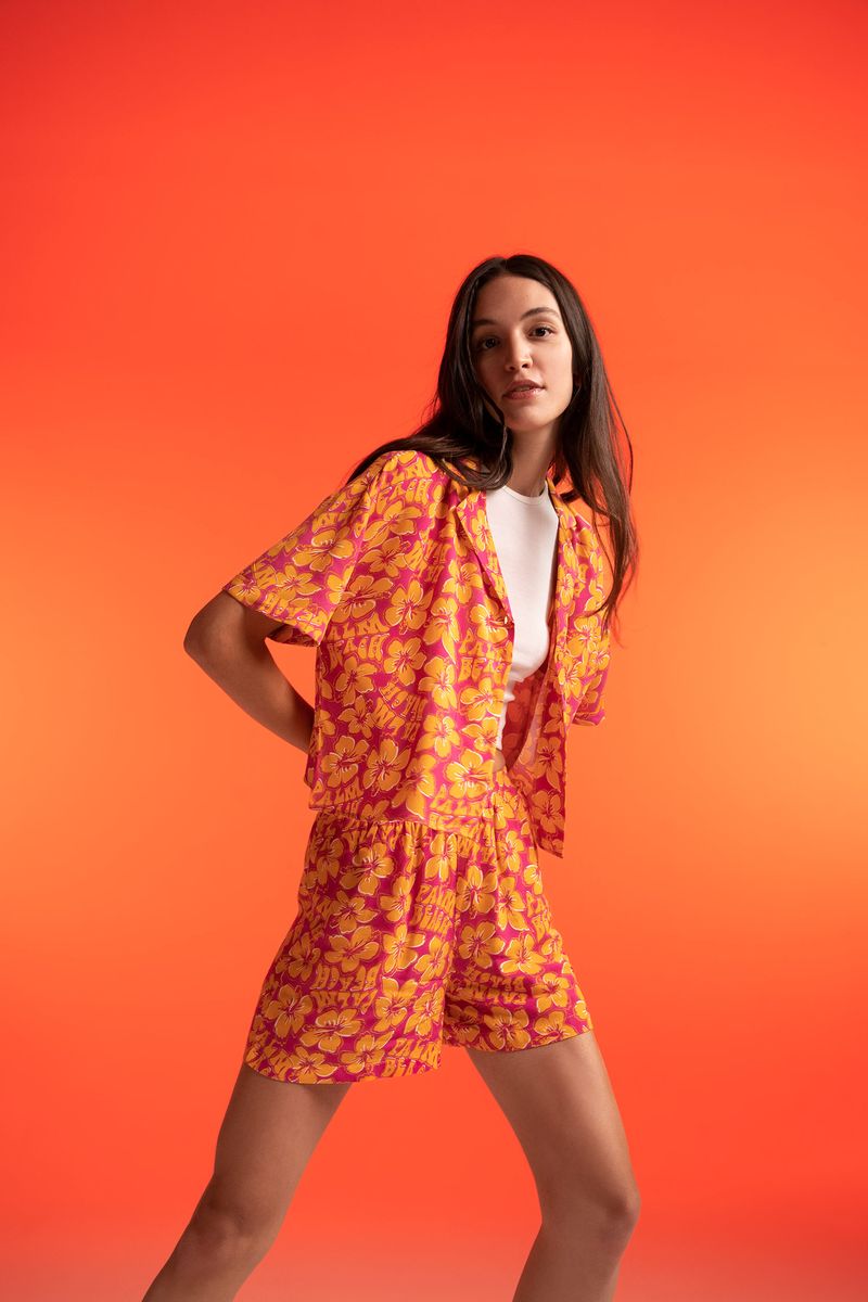 Woman Relax Fit Short Sleeve Woven Shirt -Multi